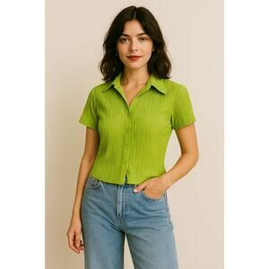 Vintage Dressbarn Green Crinkle Textured Short Sleeve Button Front Top‎ XL